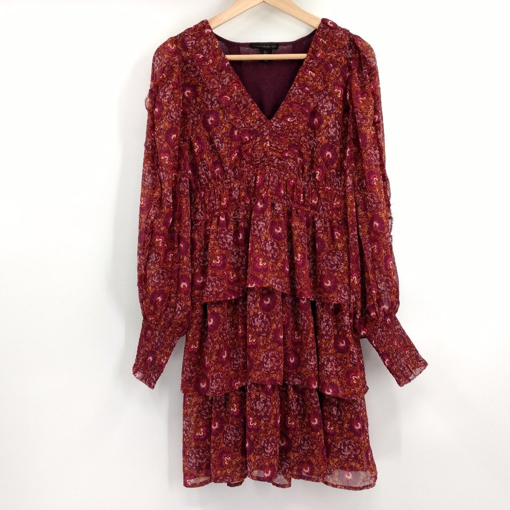 HOUSE OF HARLOW 1960 Mini‎ Dress 2 Berry Metallic Tiered Boho Deep V Neck Lined
